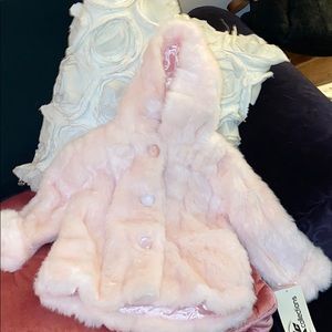 Pink Faux Fur Button Up Jacket with Hood
